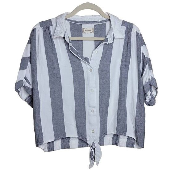 Sandy & Sid Button Front Cropped Stripe Short Sleeve Blouse Gray White Large - Picture 1 of 12